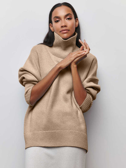 Pull en maille oversize rose vif à col roulé | Pull de fête fuchsia à col montant pour femme