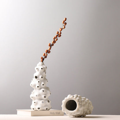 Decoration White Ceramic Vase Creative Personality Drum Bag Hollow Decoration Furnishings