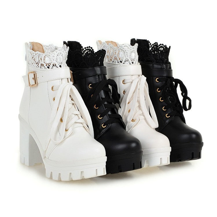 Bottes cheville lacées à talons carrés pour femmes, couleur blanc et noir