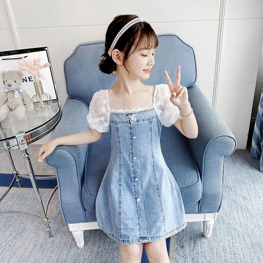 Robe en jean pour filles, manches bouffantes en dentelle, coupe trapèze, patchwork d'été
