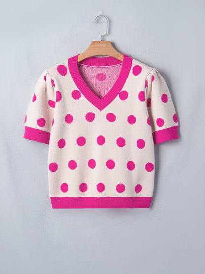 Polka Dot Puff Short Sleeve Sweater Top
