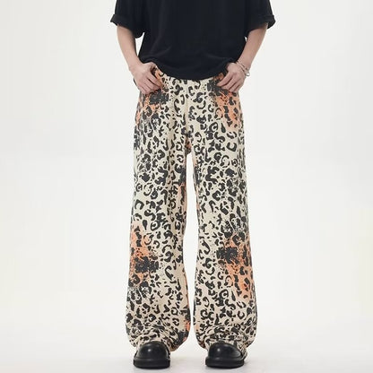 Vintage Leopard Print Jeans Straight Loose Men And Women