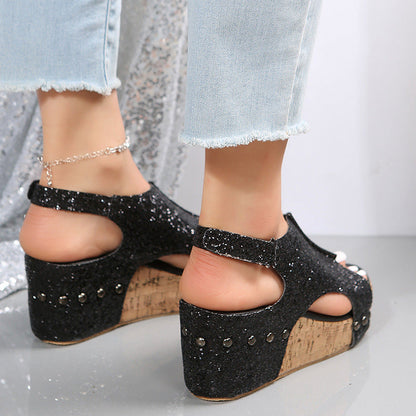 Chunky Wedges Sandals Sequins Shoes