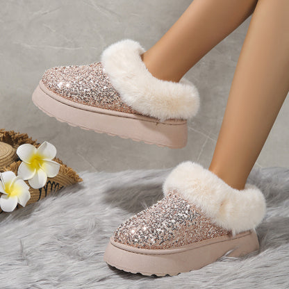 Zapatos de felpa con lentejuelas y suela gruesa a la moda, zapatillas cálidas informales de invierno para interior y exterior, zapatos de jardín para mujer