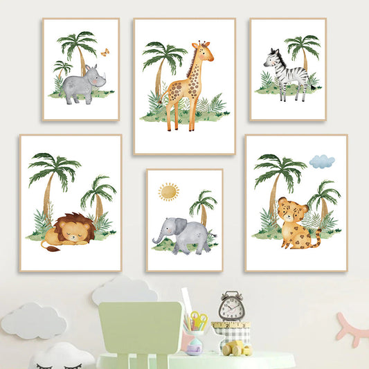 León Elefante Jirafa Arte de pared de animales de la selva para habitación de bebé Lienzo