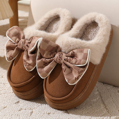 Lindas zapatillas de felpa con nudo de lazo para invierno, cálidas, para interiores, dormitorio, para mujer, a la moda, de suela gruesa, para casa