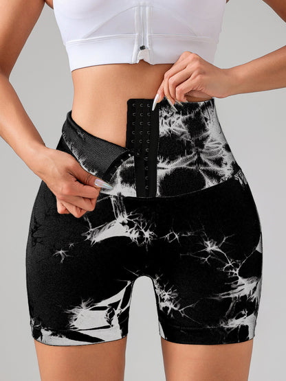 Tie Dye Button Everyday Wear Spring Summer Sports Shorts, High Waist Butt Lift Tie Dye Shorts, Women's Summer Yoga Wear Fitness Shorts Running Sports Fitness Yoga Shorts
