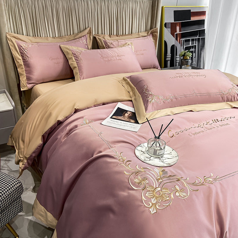 Juego de ropa de cama de cuatro piezas de algodón puro y seda lavada bordada