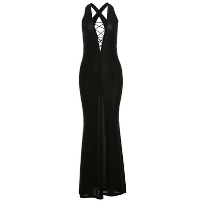 European And American Fashion Solid Color Deep V-neck Backless Sexy Hot Girl High Waist Hip Bag Dress