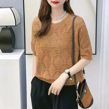Summer Knitwear Women's Thin Short Sleeve Round Neck Sweater