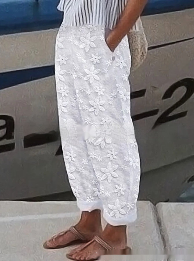 Women's Elegant Embroidery Cotton And Linen Casual Pants