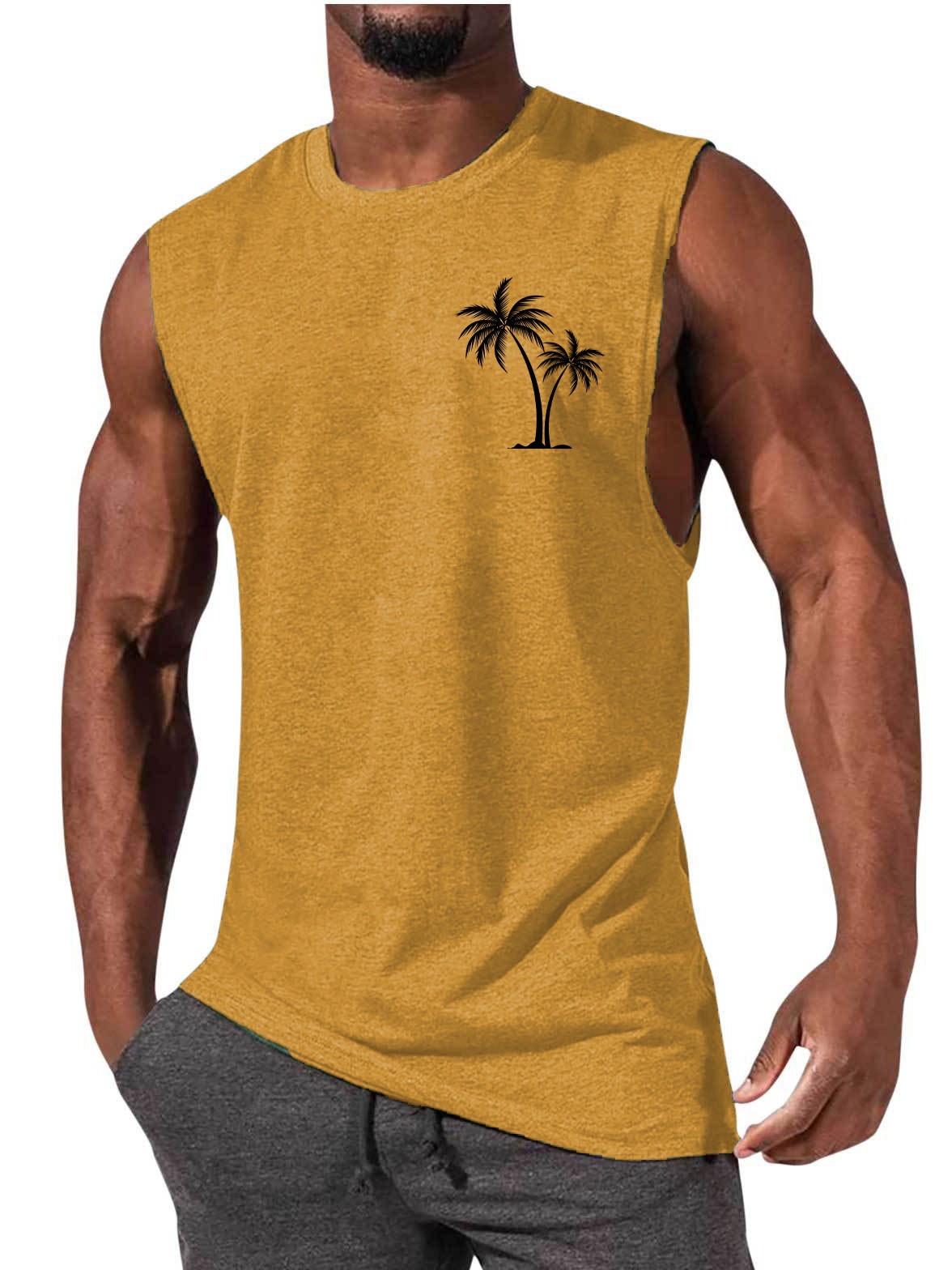 Coconut Tree Embroidery Men’s Muscle Tank – Beach Fitness Vest | S–L