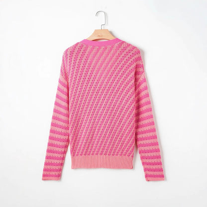 Patchwork Stripes V-neck Loose All-match Women's Cardigan Sweater