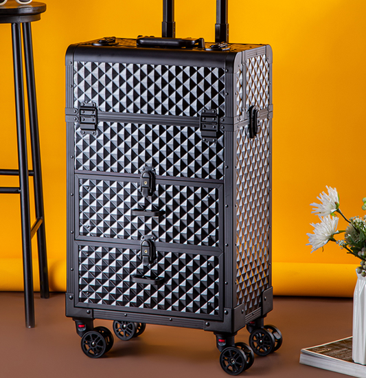 Boîte de rangement maquillage Valise d'artiste de beauté Luxe Aluminium Roulettes Boîte à outils de barbier Vintage Manucure Broderie Chariot