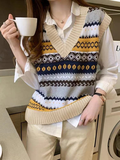 Retro V-neck Rhombus Vest Women's Knitted Jacquard Sleeveless Sweater