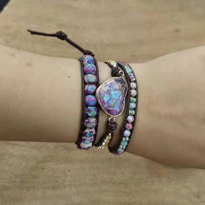 Purple Emperor Stone 3 Circles Cowhide Rope Beaded Bracelet