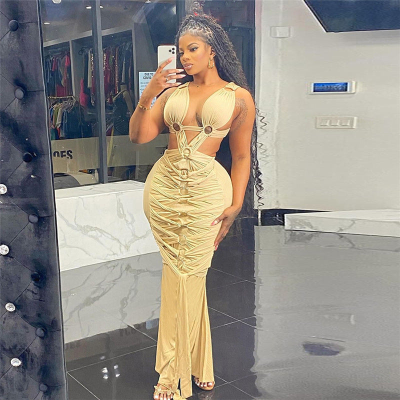 Vestido Tubo Ajustado de Cintura Alta con Cordones, Rasgado y Calado, Sexy, de Chica Caliente, Estilo Europeo y Americano