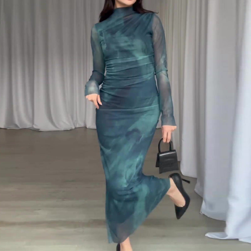 Robe longue moulante pour femme à manches longues tie-dye