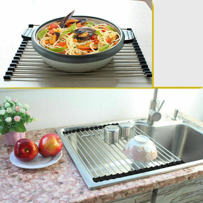 Roll-Up Dish Drying Rack – Stainless Steel Sink Drainer Mat