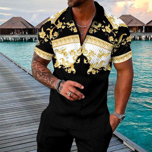 Conjunto de camisa de manga corta con cremallera y solapa, con estampado geométrico 3D, para hombre, estilo veraniego