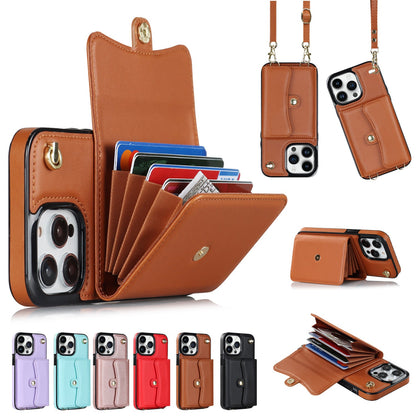 Crossbody Lanyard Card Holder iPhone Case – Lambskin Wallet Cover with Bracket | iPhone 7–15