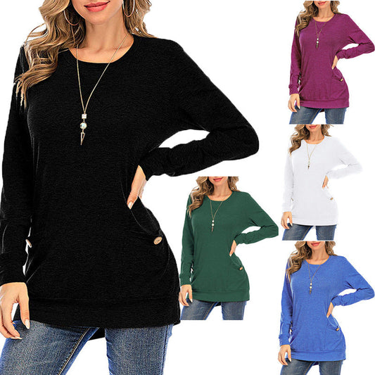 Camiseta de manga larga con cuello redondo y bolsillos cruzados para mujer - Nuevo Producto