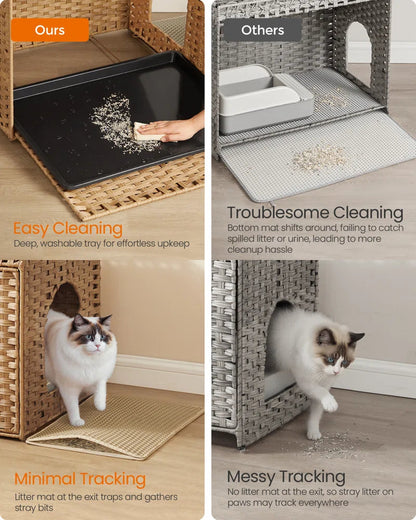 Handwoven Rattan Cat Litter Box Cabinet — Boho Woven Furniture with Washable Tray
