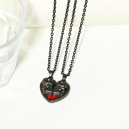Pendentif Crâne Rétro Punk Collier d'Halloween Crâne d'Amour Magnétique en Forme de Cœur Collier de Couple