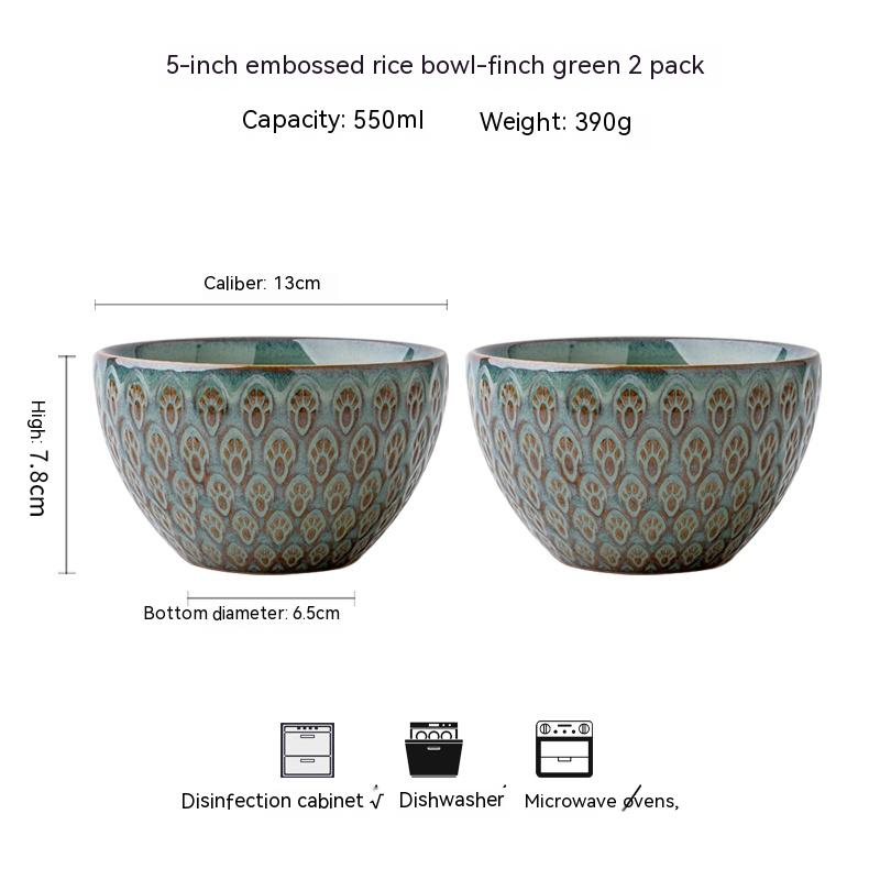 Tazón de arroz de cerámica de 5 pulgadas con relieve de pavo real para el hogar
