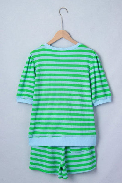 Stripe Puff Sleeve Shirt and Drawstring Shorts Set