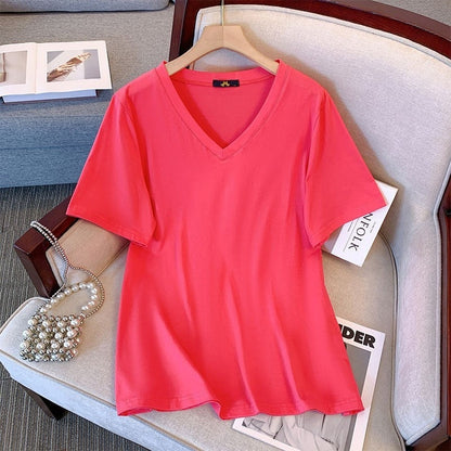 Summer Pure Cotton Short Sleeve T-shirt Top V-neck Loose