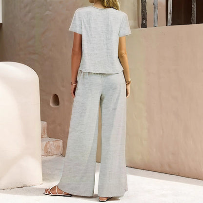 Women's Summer Fashion Solid Color Round Neck Top Paired With Casual Wide Leg Pants Set