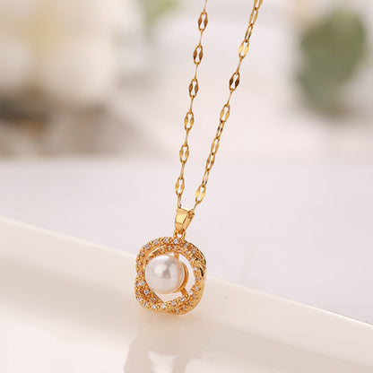 Collier en acier au titane pour femme avec pendentif creux nid d'oiseau imitation perle