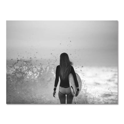 Póster de pared de paisaje costero nórdico moderno en blanco y negro con tema de surf, pintura sin marco