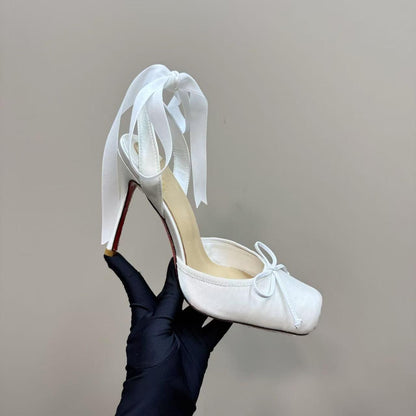 Leather Sole Women's Shoes Fashion Satin Ribbon Toe Cap