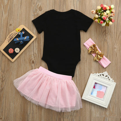 Girls' Fashion Casual Short-sleeved Printed Romper Bow Mesh Skirt Suit