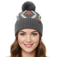 C.C Soft Aztec Pattern Beanie with Faux Fur Pom