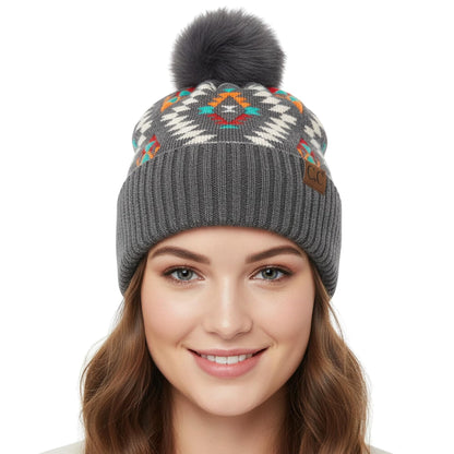 C.C Soft Aztec Pattern Beanie with Faux Fur Pom