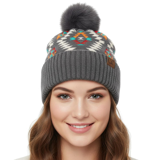 C.C Soft Aztec Pattern Beanie with Faux Fur Pom