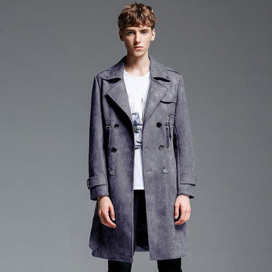 Trench-coat en suède croisé pour homme, mi-long, grande taille