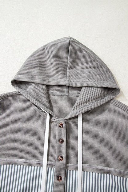 Stripe Waffle Patchwork Hooded Long Sleeve Top