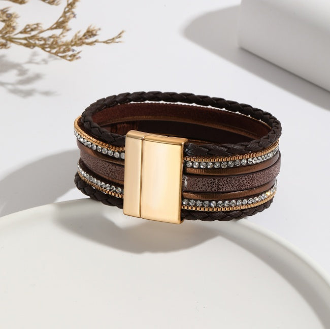 Bracelet en cuir synthétique de style ethnique avec plaque en alliage