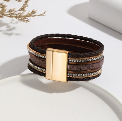 Bracelet en cuir synthétique de style ethnique avec plaque en alliage