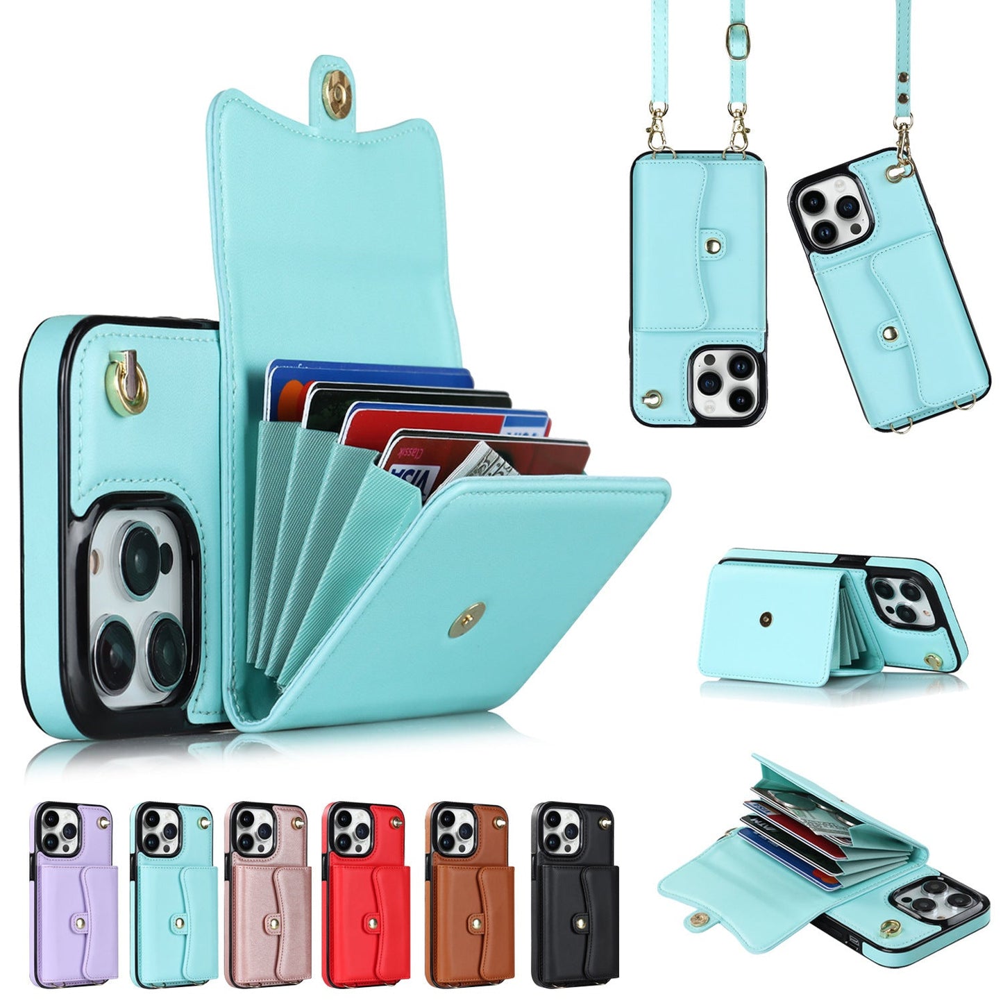 Crossbody Lanyard Card Holder iPhone Case – Lambskin Wallet Cover with Bracket | iPhone 7–15