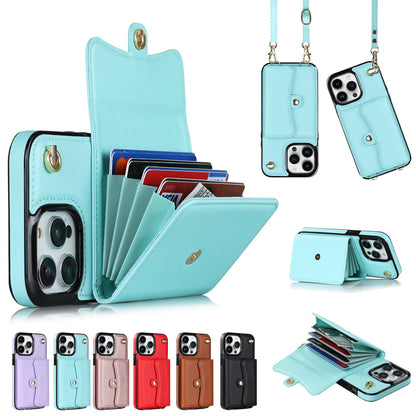 Crossbody Lanyard Card Holder iPhone Case – Lambskin Wallet Cover with Bracket | iPhone 7–15