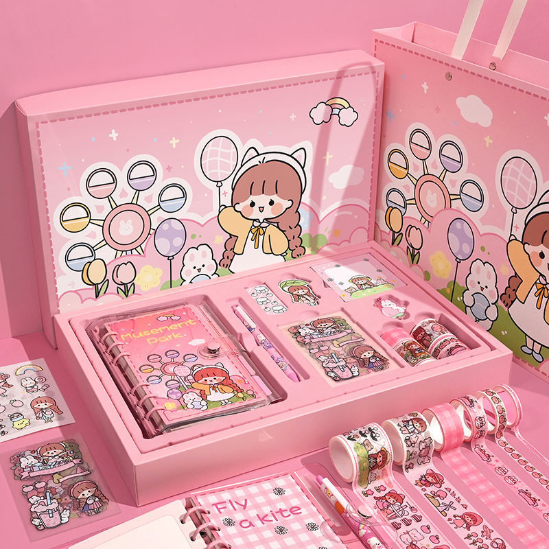 Set de caja de regalo de libro de cuentas manual, cuaderno con diseño de corazón de chica linda