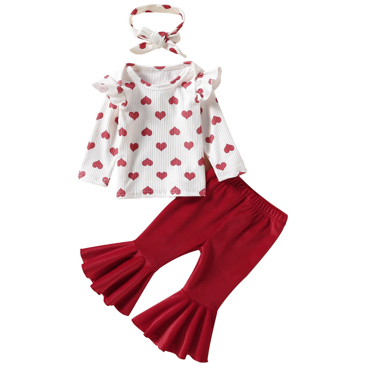 Ensemble deux pièces Saint-Valentin pour bébé : haut blanc imprimé amour et pantalon évasé
