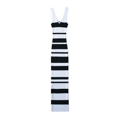 European And American Hot Girl Double V-neck Color Sleeveless Knitted Dress Intellectual Elegant Skinny Sheath