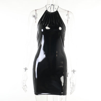 Skinny Bag Hip Halter Back Bright Leather Dress
