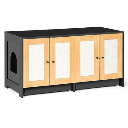 Double Litter Box Enclosure,Cat Litter Box Enclosure For 2 Cats, Hidden Litter Box Furniture With Rattan Doors, 47 L X 19.8 W X 21.8  H,Black